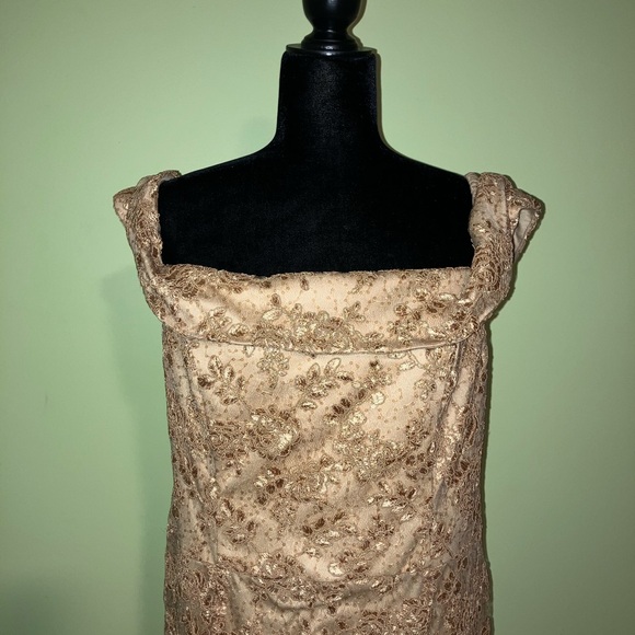 Oleg Cassini gold lace prom dress sz 14 formal ppageant off shoulder embellished - Picture 6 of 9